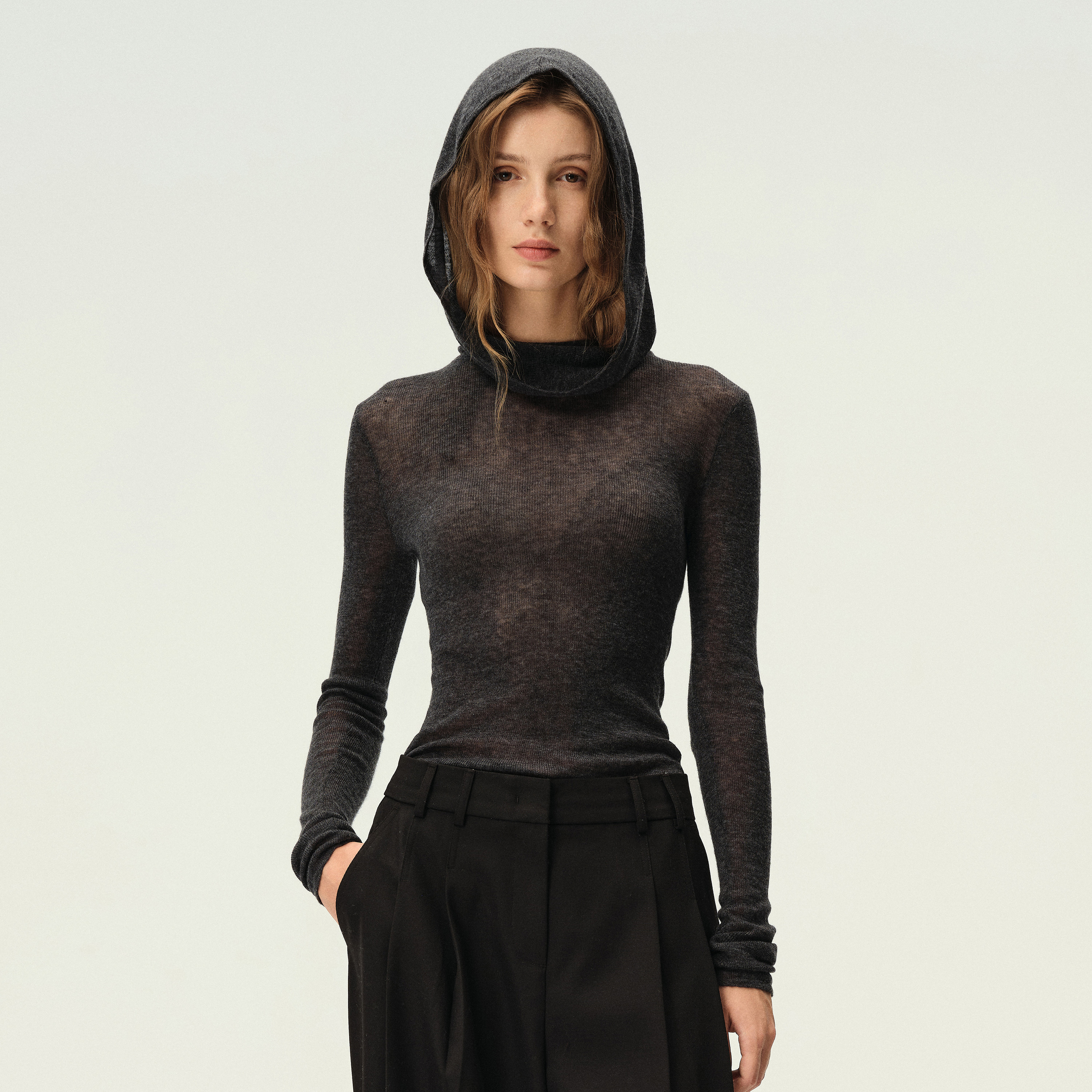 白弓2024年冬新款连帽套头针织衫水溶羊毛堆堆领打底上衣女52716