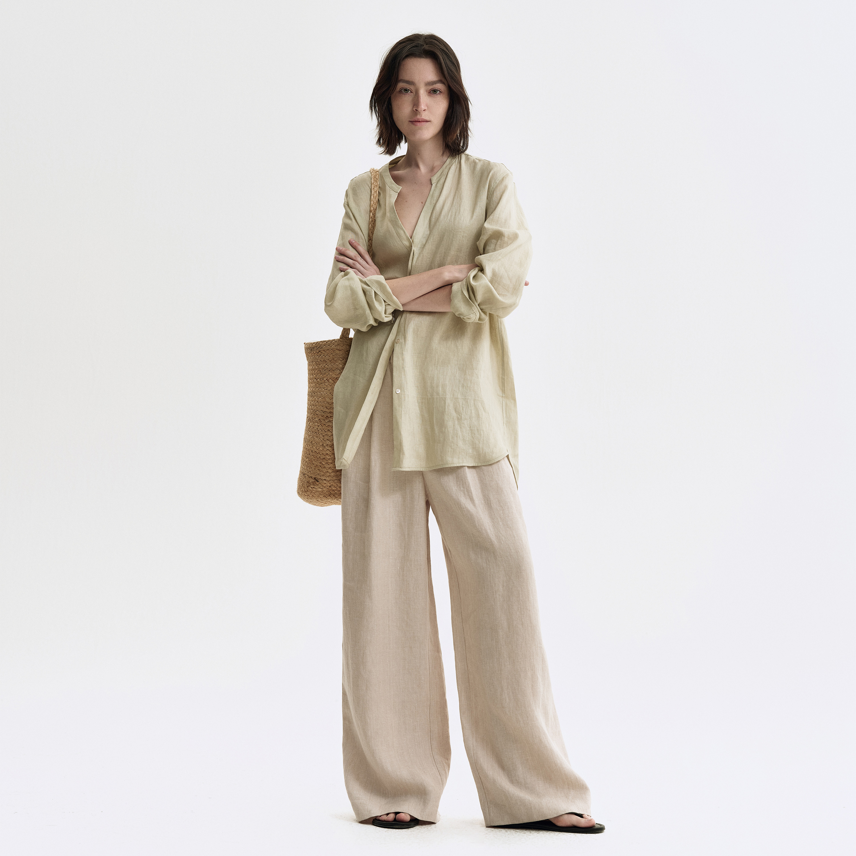 白弓“亚麻系列”夏季新款气质V领长袖衬衫女100%亚麻薄衬衣55610