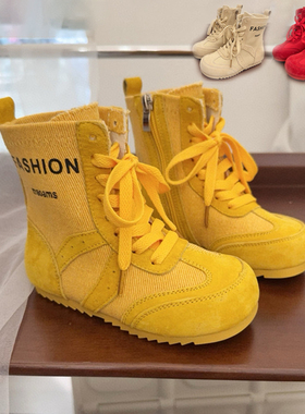 netx alice儿童真皮高帮黄色单靴2025春秋新款男女童英伦炸街短靴