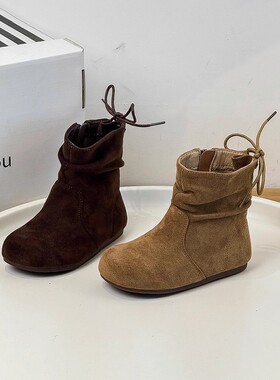 netx LONG秋天绒面女大童公主平底马丁靴褶皱堆堆靴秋冬短靴低筒