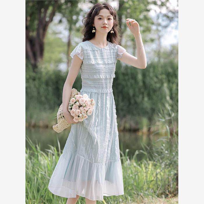 温柔风淑女气质高端精致连衣裙女夏季新款褶皱收腰显瘦超仙仙女裙