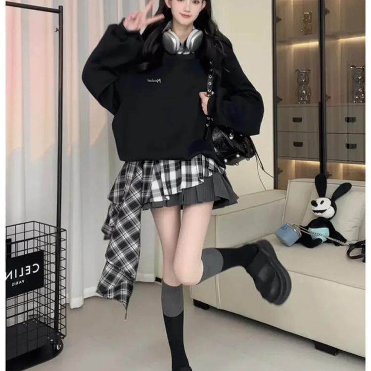 慵懒风春秋宽松显瘦百搭格子半身裙假两件卫衣上衣连衣裙子女