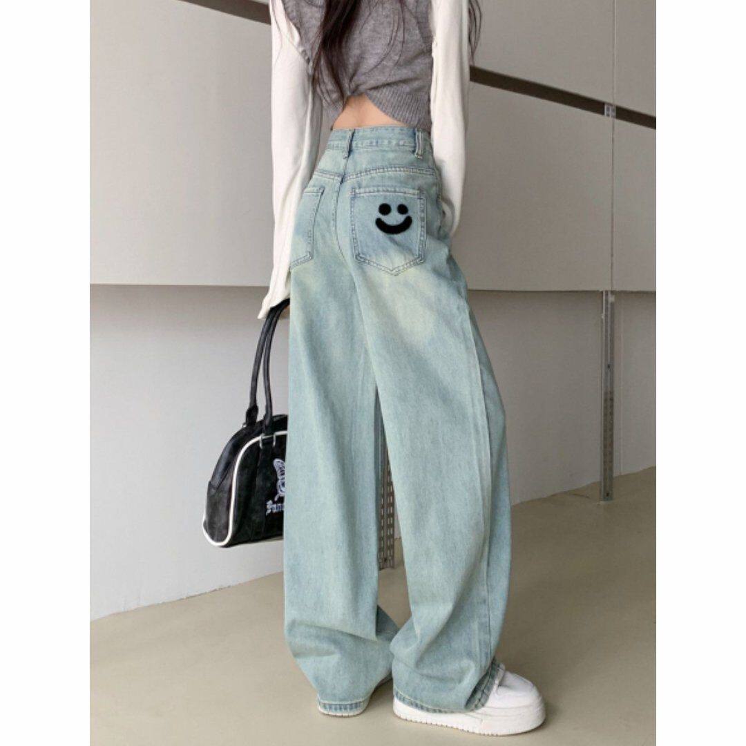 浅蓝色百搭阔腿牛仔裤女春秋笑脸高腰宽松直筒显瘦大码拖地裤ins