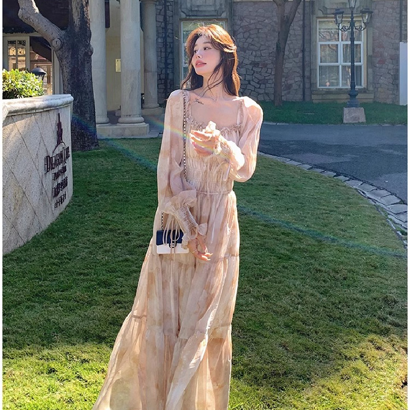 法式印花雪纺连衣裙女2026春秋新款温柔气质显瘦绝美爆款仙女长裙