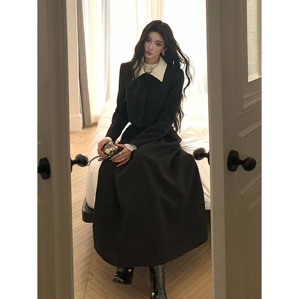 撞色花边翻领毛呢短外套+蕾丝边高腰长裙秋冬百搭通勤赫本风套装,女装/女士精品,时尚套装,淘宝优惠券,粉丝福利购,淘宝优惠卷