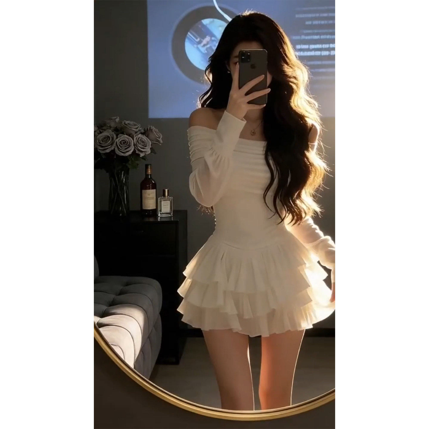 法式气质一字肩白色连衣裙子女秋冬2026新款收腰a字蓬蓬蛋糕短裙