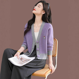 爆款撞色2025秋装新款针织衫开衫女短款时尚休闲毛衣小外套上衣