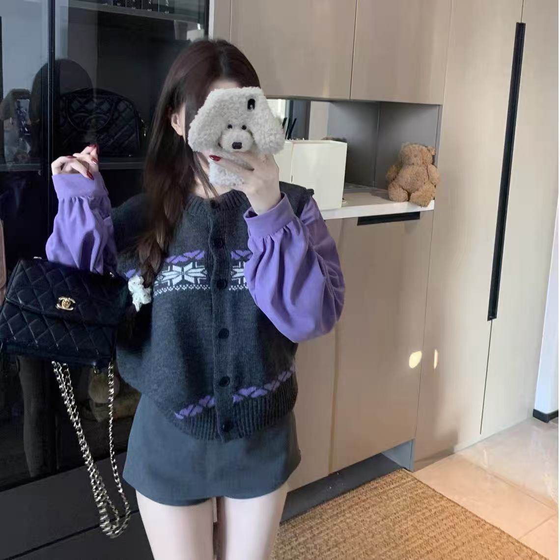 韩系撞色假两件拼接长袖针织衫女设计感小众上衣2026早春新款