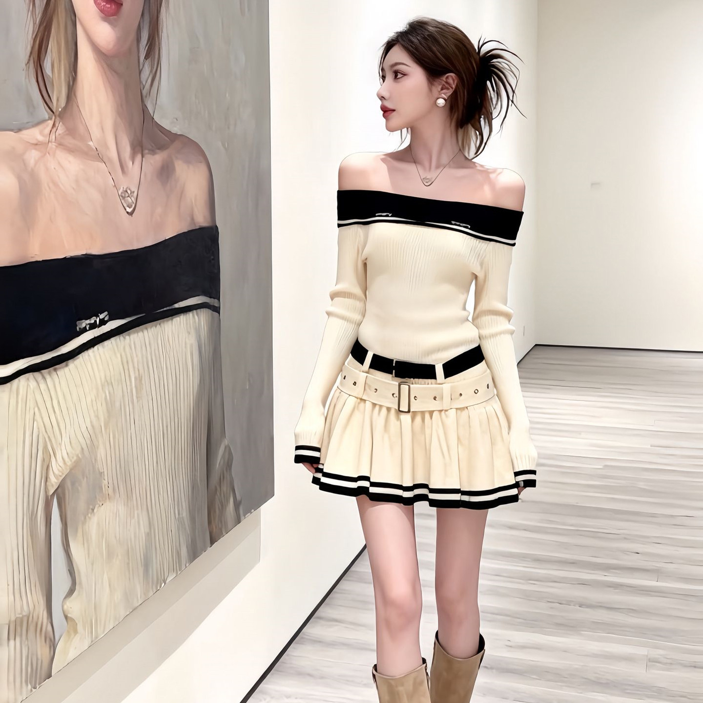 2025新款韩系高级感杏色针织内搭一字肩连衣裙子女秋冬绝美a字裙