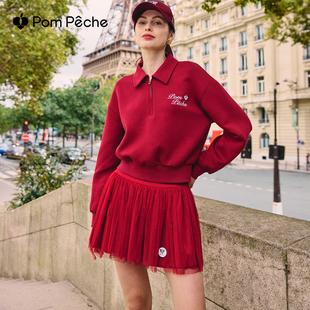 外套短裙网球服 PomPeche彭派奇卫衣女红色运动套装 显白圣诞红