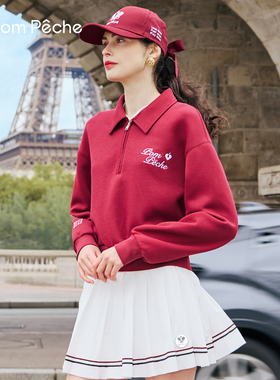 马年限定运动卫衣红色上衣女26年春季新年款Polo领网球服PomPeche