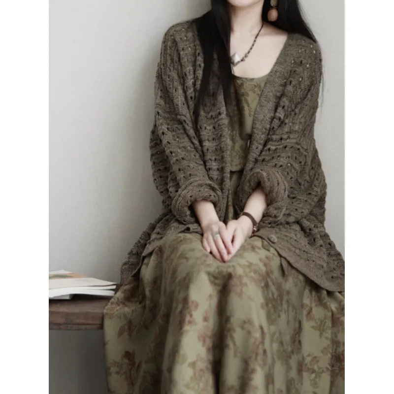 连衣裙套装女新中式国风复古印花吊带裙禅意清凉感针织开衫两件套