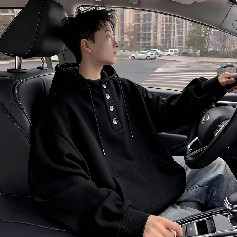 仓树一石潮牌连帽卫衣男可拆卸纽扣青少年秋冬季高领加绒痞帅上衣