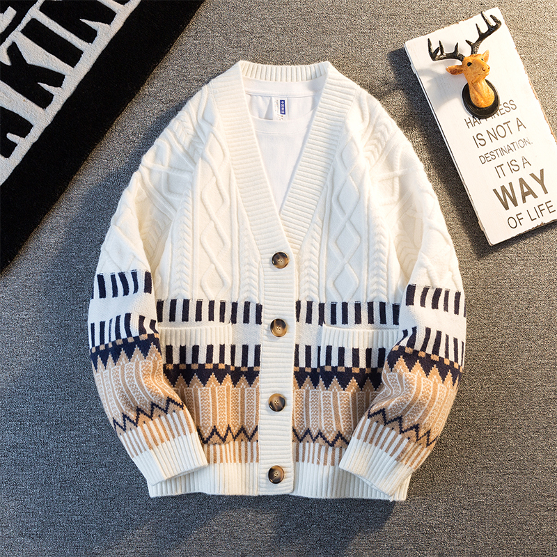 仓树一石潮牌复古拼接V领针织开衫外套男秋冬季潮流休闲保暖毛衣