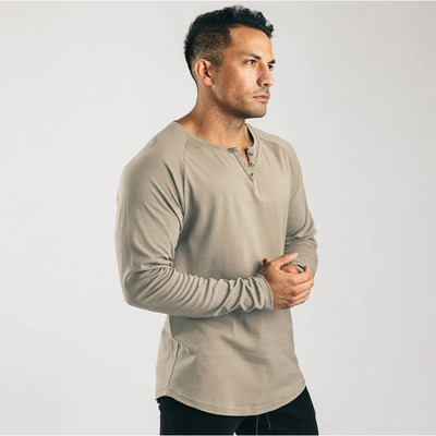 仓树一石美式复古亨利衫长袖t恤黑白纯色打底衫男纯棉弹力薄款V领