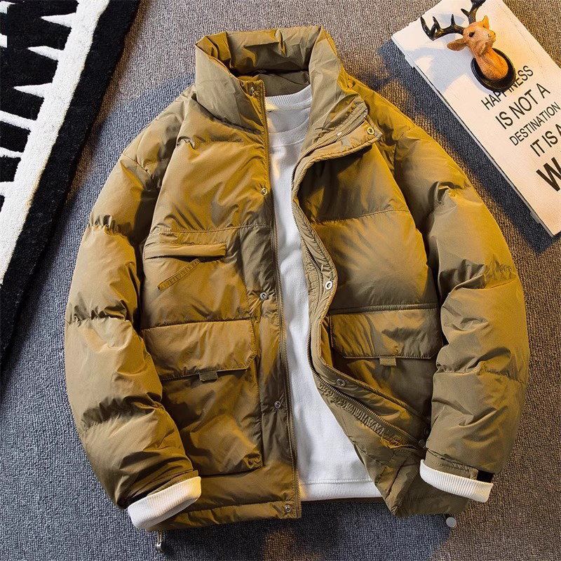 仓树一石潮牌美式复古工装羽绒服男士冬季2025无帽立领白鸭绒外套
