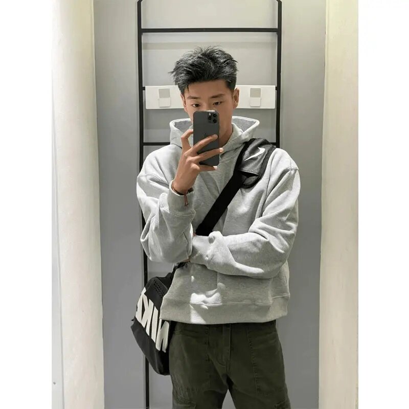 仓树一石美式600g重磅花灰色卫衣男大帽檐连帽衫美式复古休闲外套