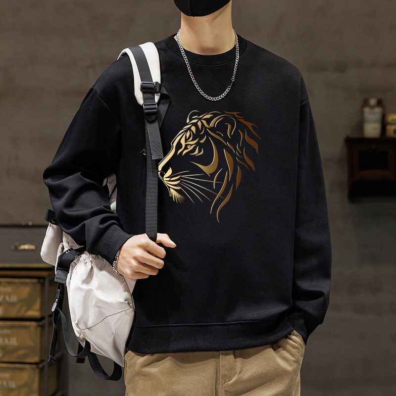 仓树一石潮牌金狮印花圆领卫衣男秋冬季新款宽松纯棉黑色长袖外套