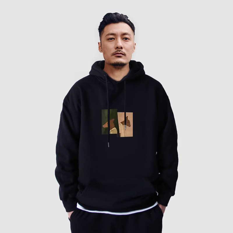 仓树一石潮牌黑色连帽卫衣男士秋冬2025新款宽松纯棉加绒加厚外套