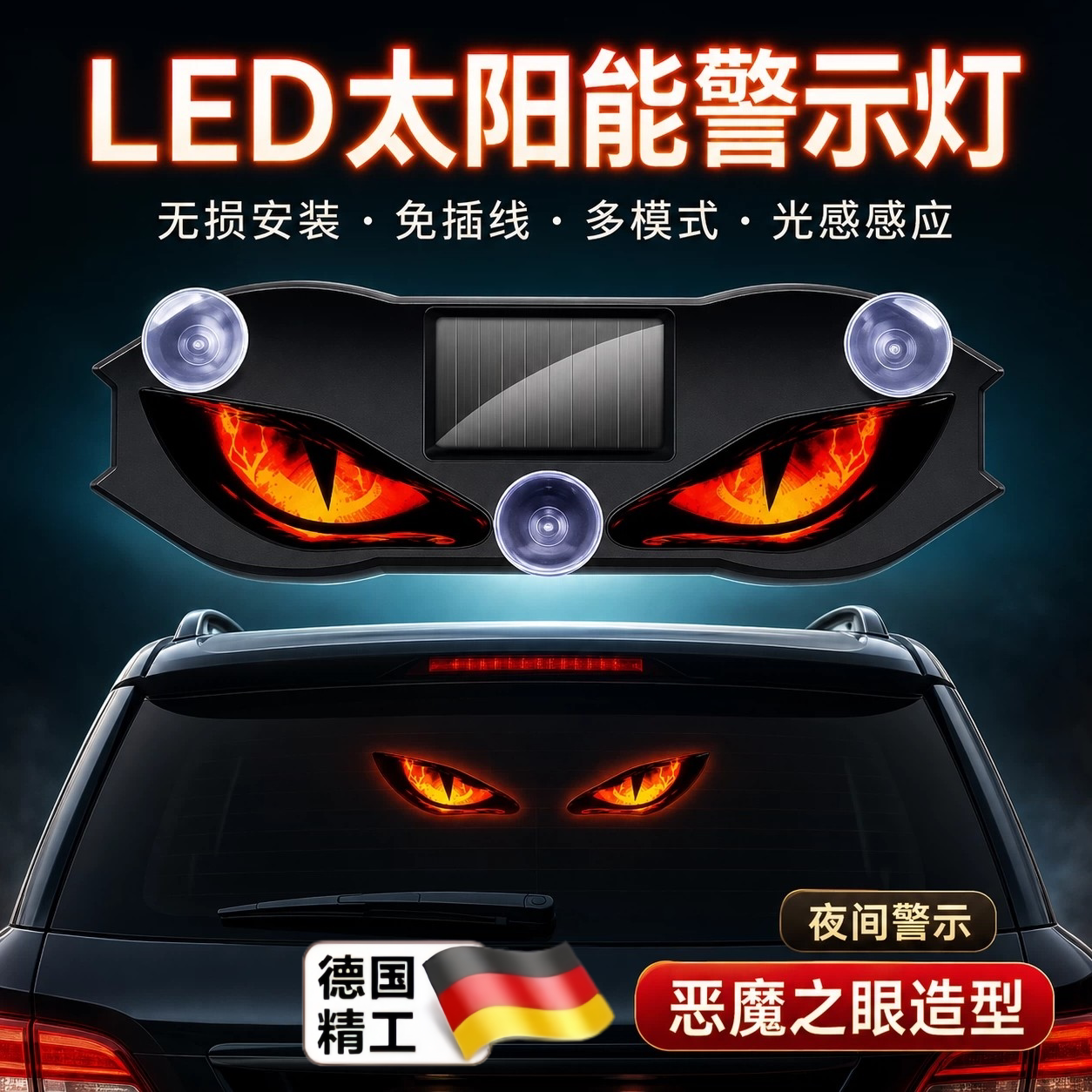 汽车恶魔之眼太阳能无线眼睛灯LED警示灯三角窗后窗车载眨眼车灯