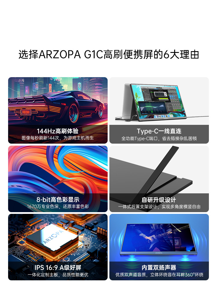 ARZOPA 휴대용 디스플레이 16.1인치 144HZ 컴퓨터 노트북 스위치 확장 보조 화면