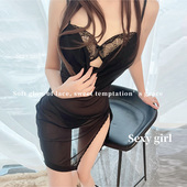 余温Sexy girl网纱透视性感睡裙女款 荡领包臀睡衣诱惑显瘦家居服