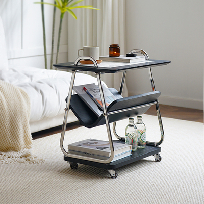HACOSN北欧复古实木移动茶几沙发边几不锈钢三层置物架角几