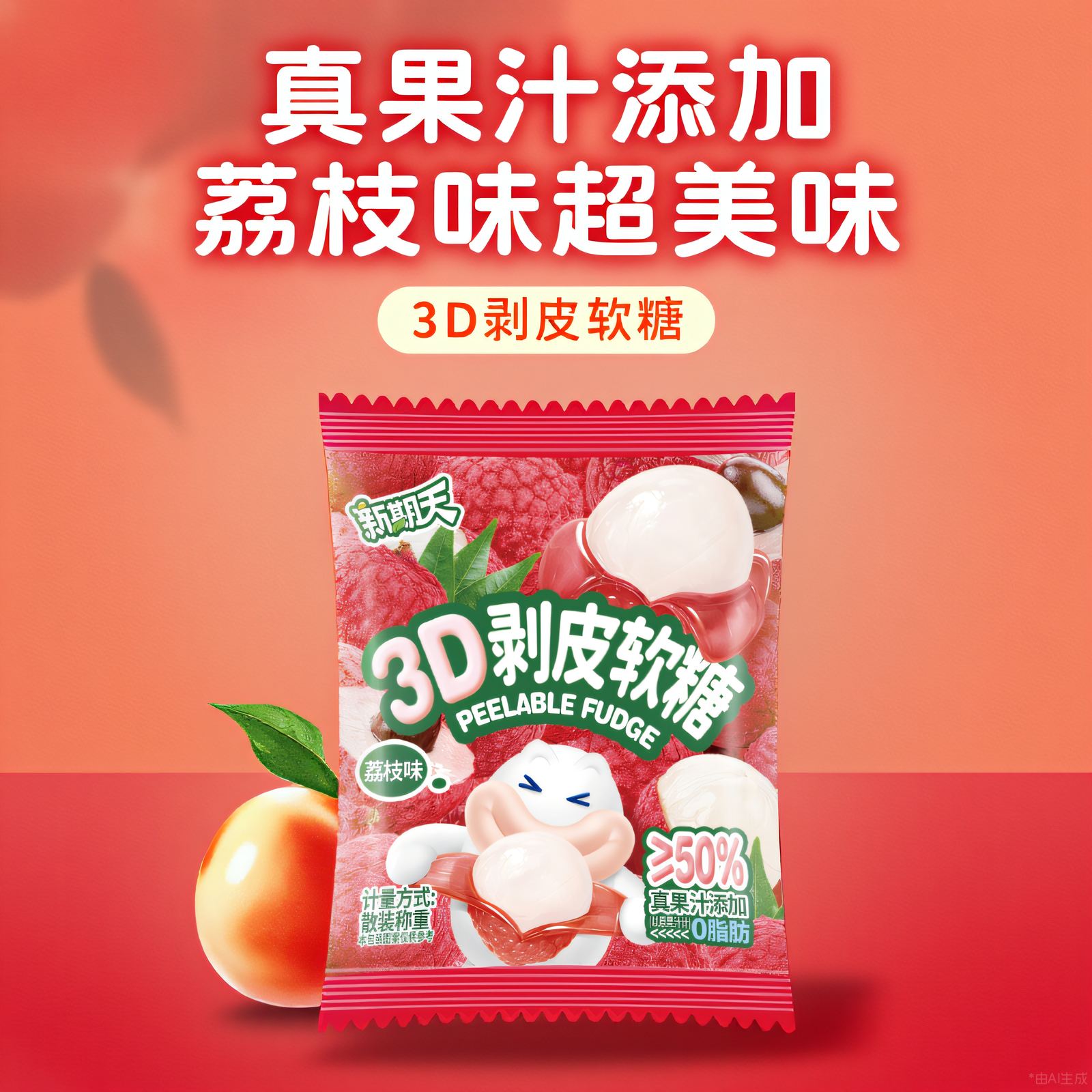 【U先】新期天3d剥皮软糖馋嘴小零食手抓包荔枝味25g