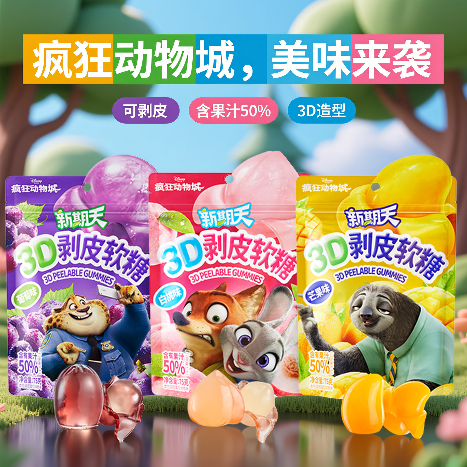 【百补】新期天疯狂动物城联名3D剥皮芒果果汁软糖75g糖果零食