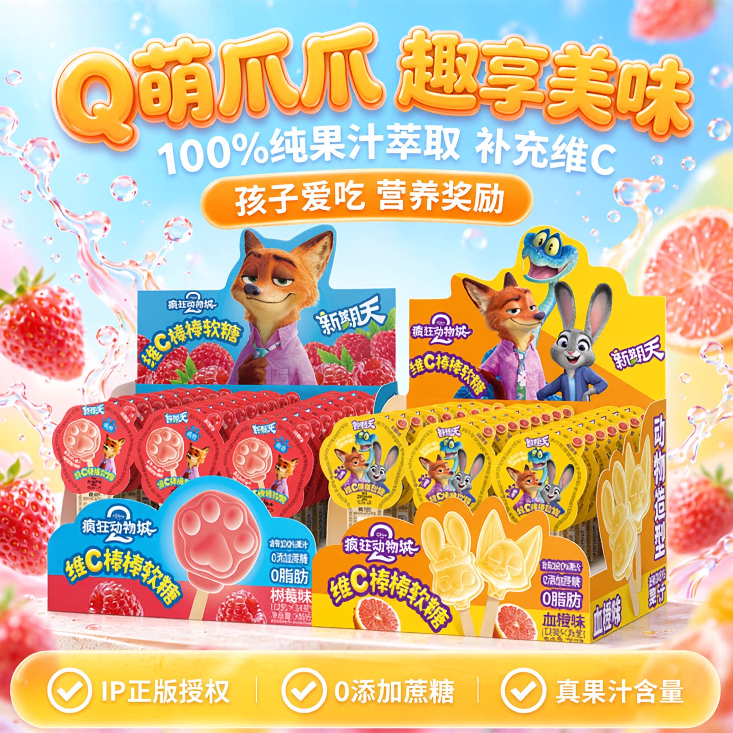 新期天疯狂动物城爪爪儿童棒棒糖维C果汁软糖盒装小学生奖励零食