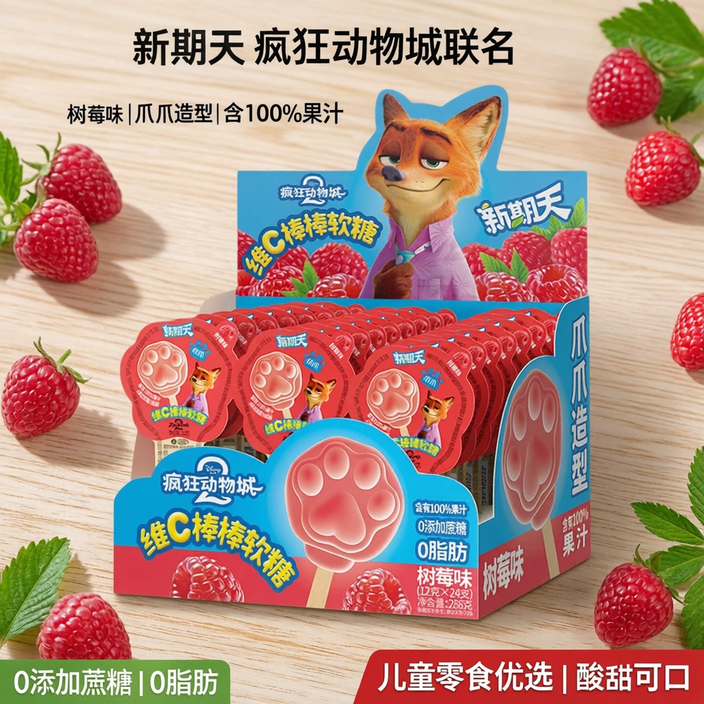 新期天爪爪零食疯狂动物城联名糖果零食棒棒糖散装树莓味维c软糖