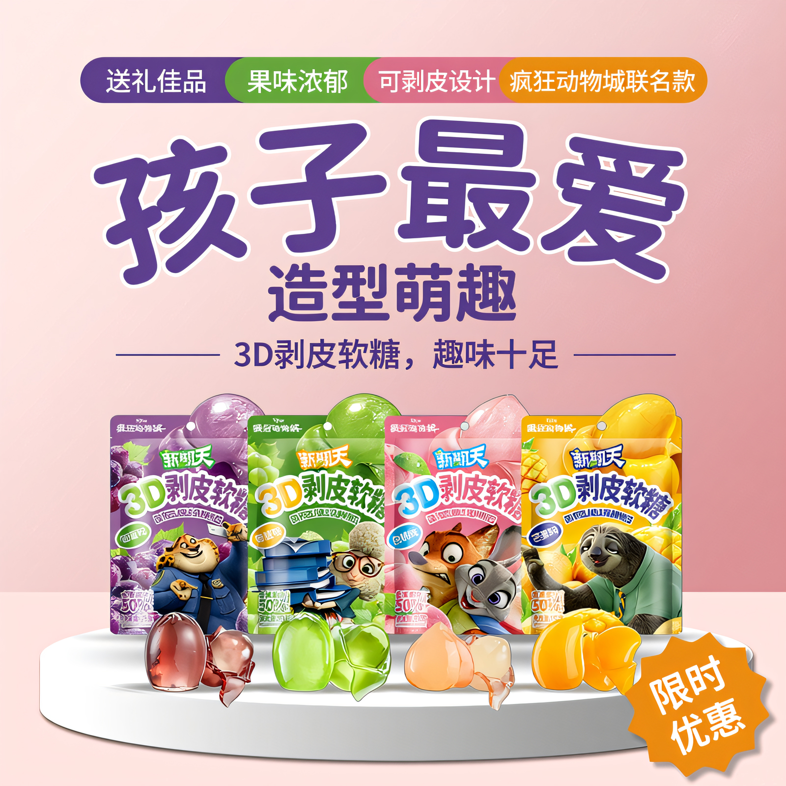 新期天3D剥皮软糖50%糖果零食