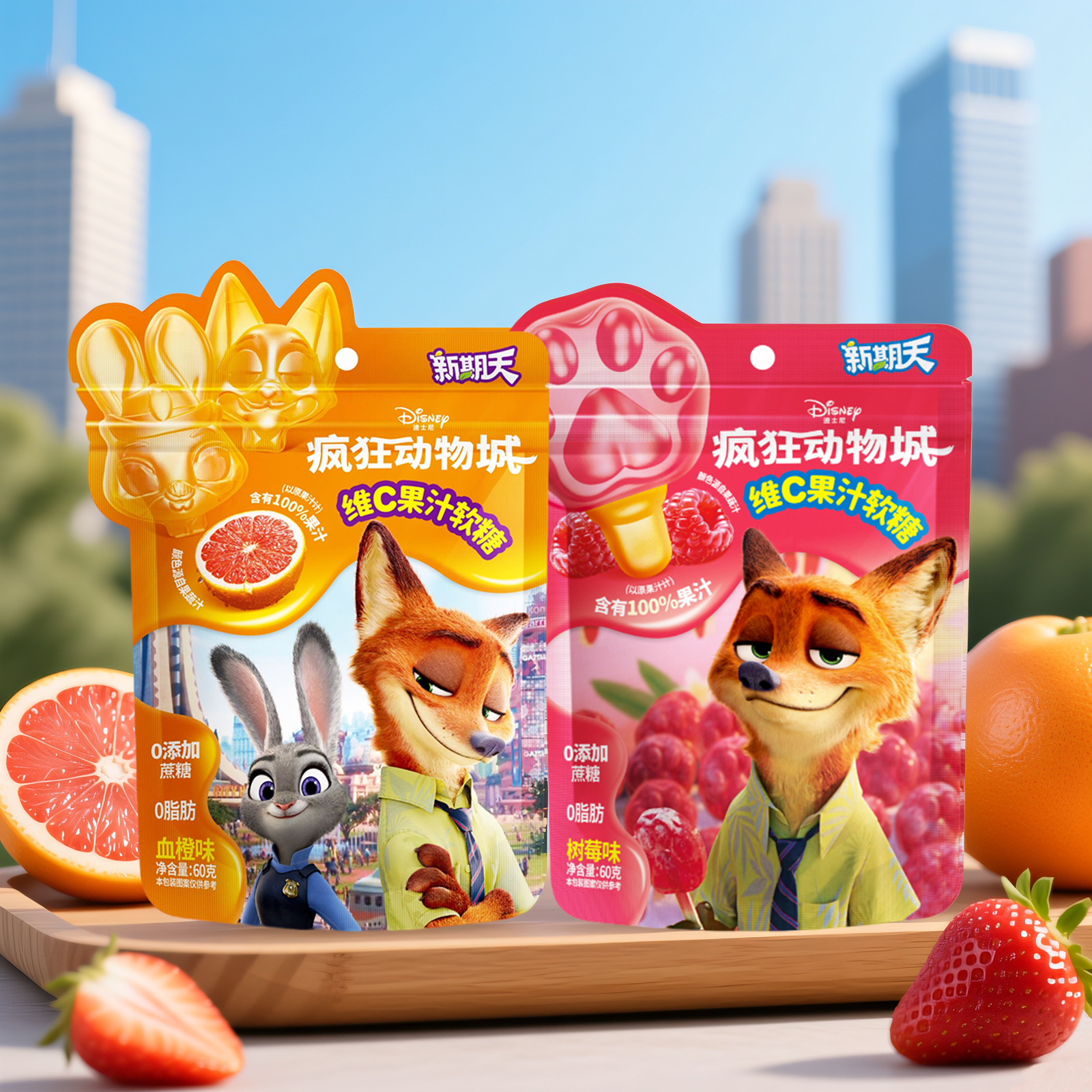 【新品试用】新期天疯狂动物城网红零食树莓维c果汁软糖240g
