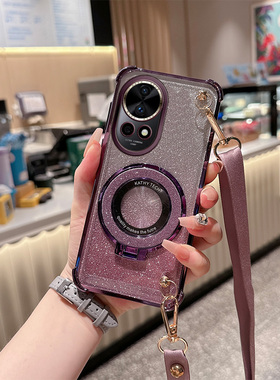 斜挎闪粉磁吸支架适用华为nova14手机壳13活力版NOVA12四角气囊11防摔10新9pro女全包斜挎挂绳可背硅胶Ultra