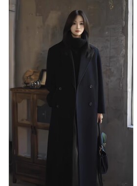 黑色高级感羊毛大衣女2025秋冬新款加长款气质休闲高个子毛呢外套