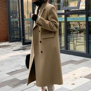 中长款 韩版 赫本风呢子加厚 大衣外套女2023年秋冬新款 驼色毛呢西装