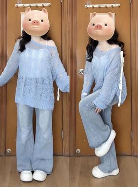 韩系镂空针织衫T恤女长袖2025春季薄款纯欲风蝴蝶结系带露肩上衣