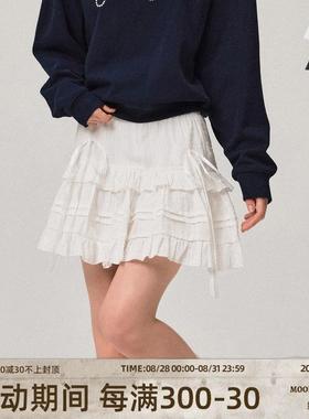 MoodBerry美式学院风白色花边蛋糕裙短裙女秋季松紧腰半身A字裙子