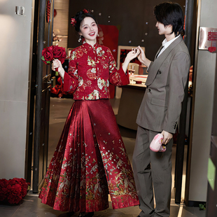 礼服裙冬 订婚连衣裙回门便装 婚服马面裙敬酒服新娘红色套装 新中式