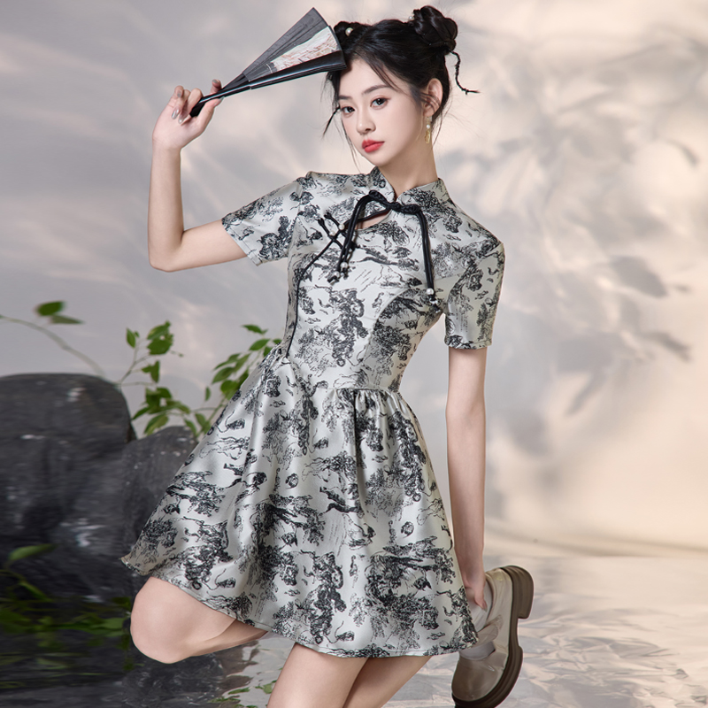 2025夏季新款新中式少女改良旗袍轻国风水墨画印花显瘦蓬蓬连衣裙