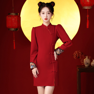刺绣长袖 小个子年轻款 过年拜年服女订婚敬酒服 新款 红色旗袍夏季