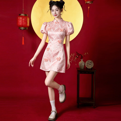 粉色旗袍女小个子短款新中式改良年轻款少女日常可穿订婚礼服裙夏