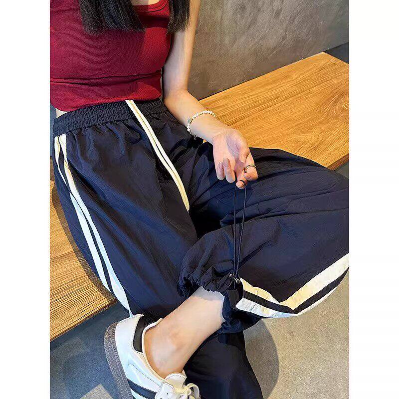 韩国Uamtor藏青色条纹束脚运动裤女夏季款直筒休闲两穿速干阔腿裤