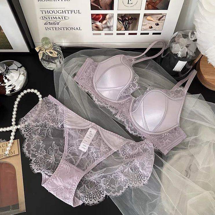 维多利亞缎面蕾丝性感有钢圈薄内衣套装聚拢文胸上托收侧乳防下垂