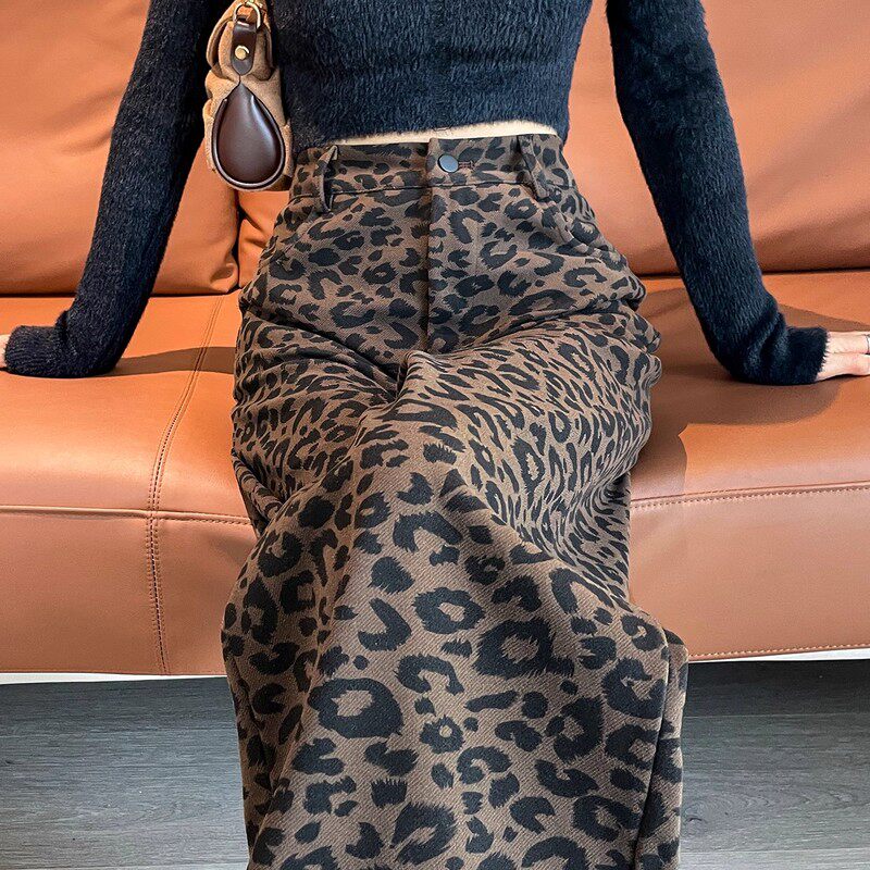 DHWA美式复古豹纹超好看阔腿裤女秋季高腰显瘦宽松垂感直筒休闲裤