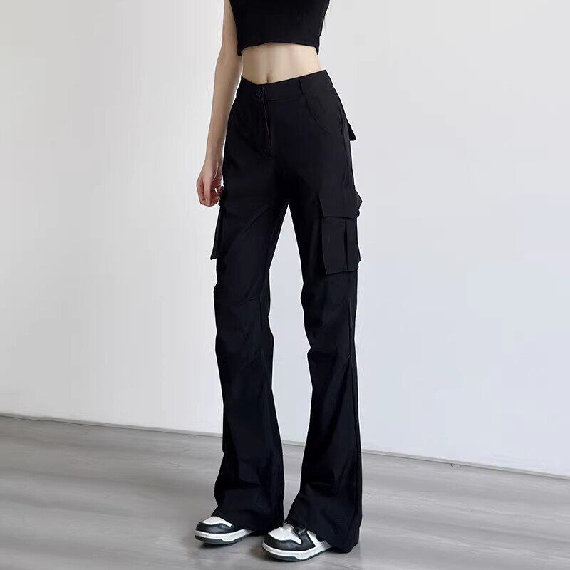 韩国Uamtor微喇叭工装裤女春季窄版黑色小个子降落伞兵速干运动裤