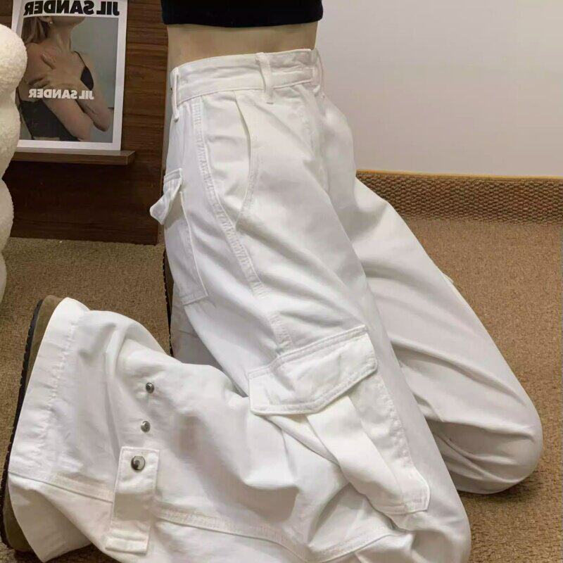 韩国Uamtor设计感白色休闲工装裤阔腿牛仔裤女春季高腰显瘦拖地裤