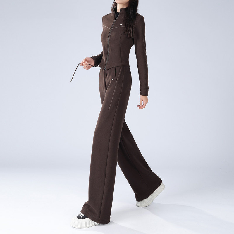 米兰风MDCW桑蚕丝羊绒运动套装女秋冬季卫衣外套咖色阔腿裤两件套