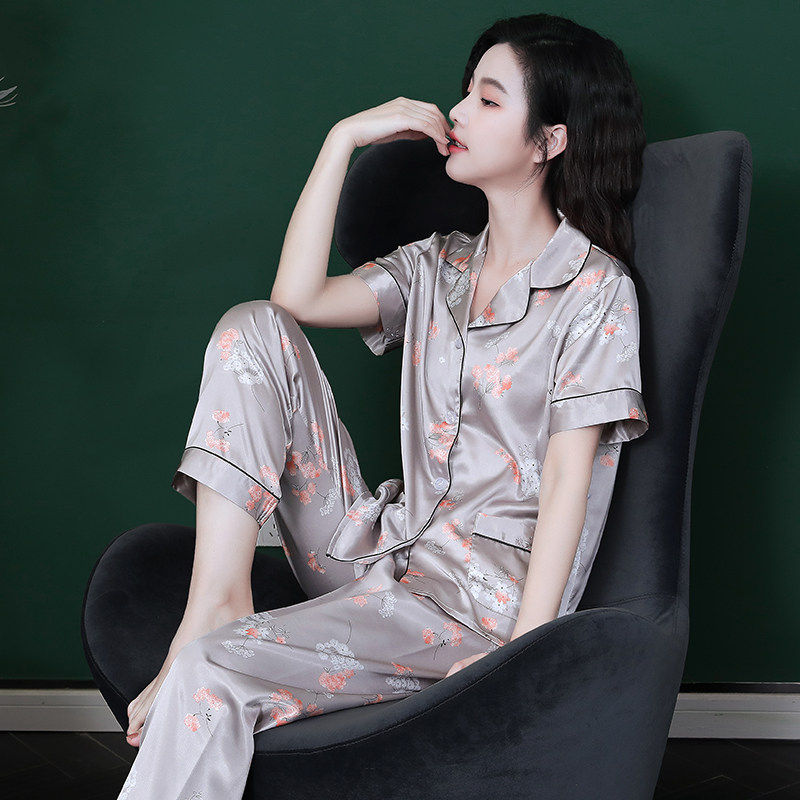 潮牌睡衣女士夏季丝绸短袖长裤家居服薄款冰丝甜美可爱可外穿套装