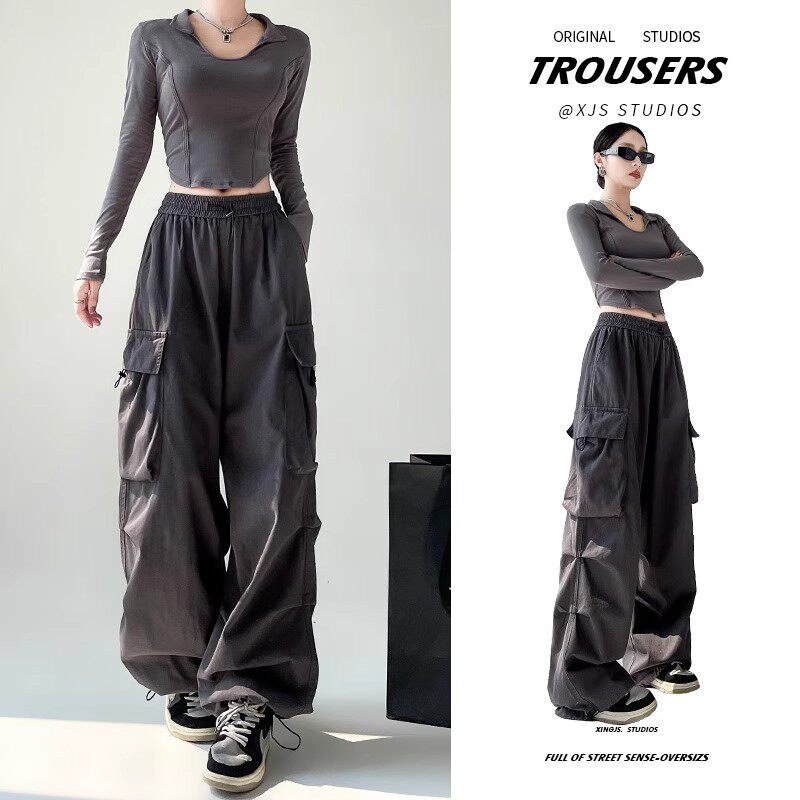 韩国Uamtor美式灰色工装裤女士秋冬新款加绒酷飒风高腰阔腿运动裤